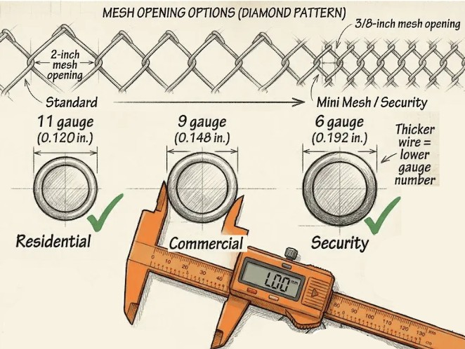 Chain link fence mesh opening options and wire gauge comparison diagram